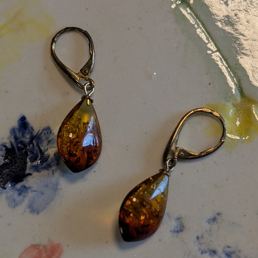 Amber Teardrop Earrings with Silver Hooks - Picture 2 of 6